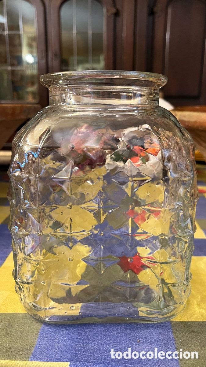 Vintage: ANTIGUO GRAN TARRO DE CRISTAL CON RELIEVE GEOMETR&Iacute;CO O ROMBOS
