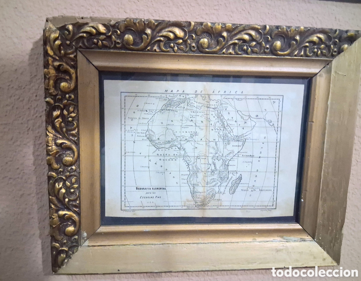 Vintage: Precioso Cuadro Decorativo: Reproducci&oacute;n de Mapa Antiguo de &Aacute;frica (Escuelas P&iacute;as) con Magn&iacute;fico Mar