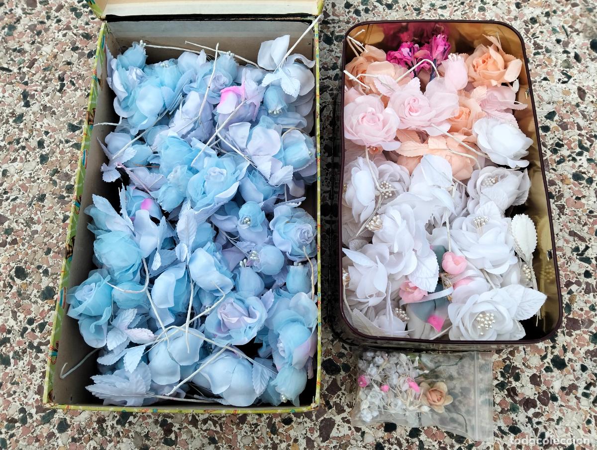 Vintage: Lote flores decorativas de boda o comuni&oacute;n florecitas color azul blanco vintage antiguas decoraci&oacute;n