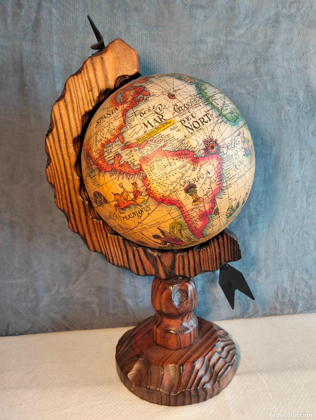 Vintage: Globo terr&aacute;queo soporte de madera bola del mundo mapamundi antiguo conquista am&eacute;rica a&ntilde;os 60