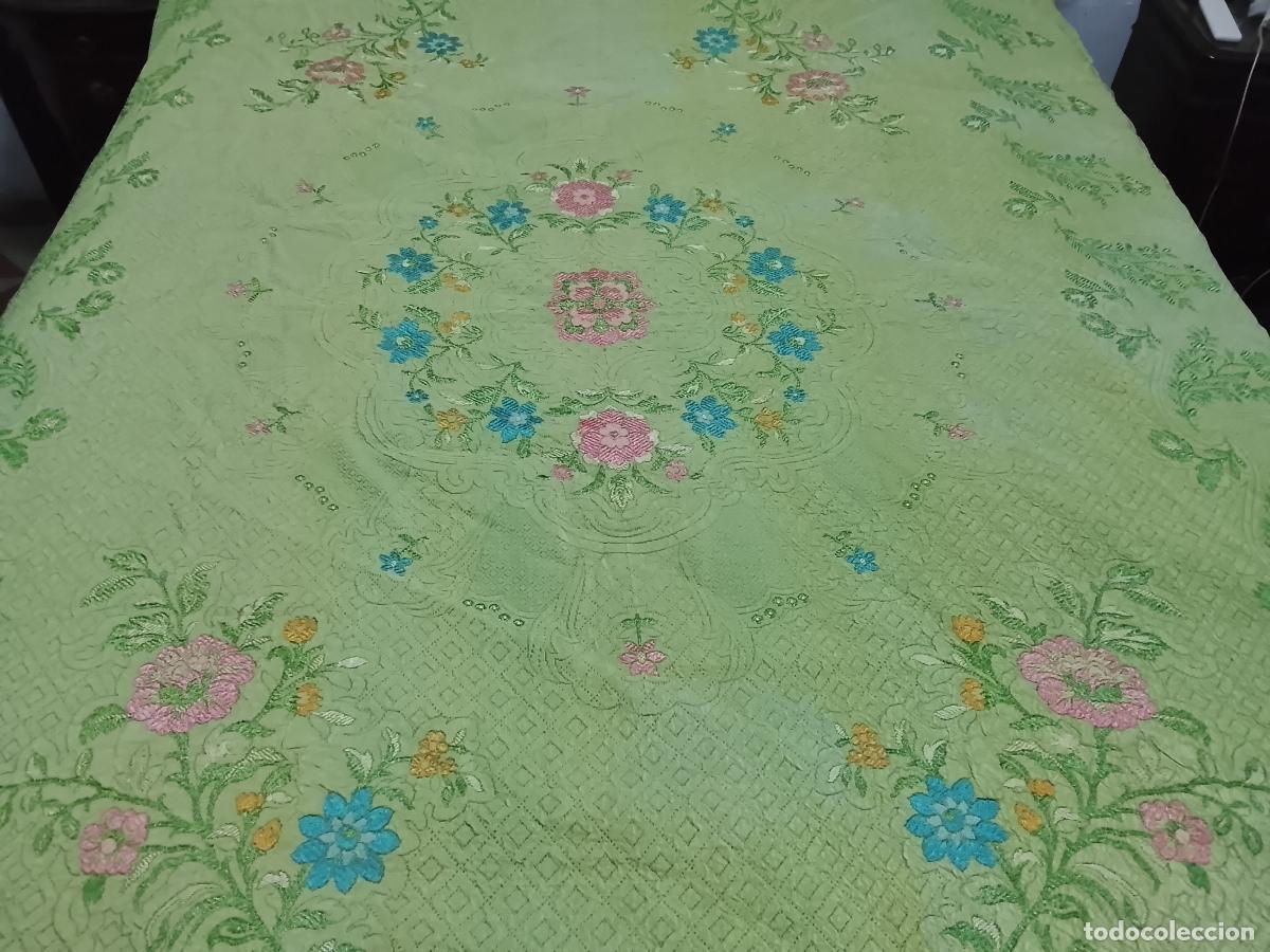 Vintage: bella colcha verde cubrecama cubre floral cama GRANDE flecos IDEAL CONFECCION VIRGEN ESPERANZA