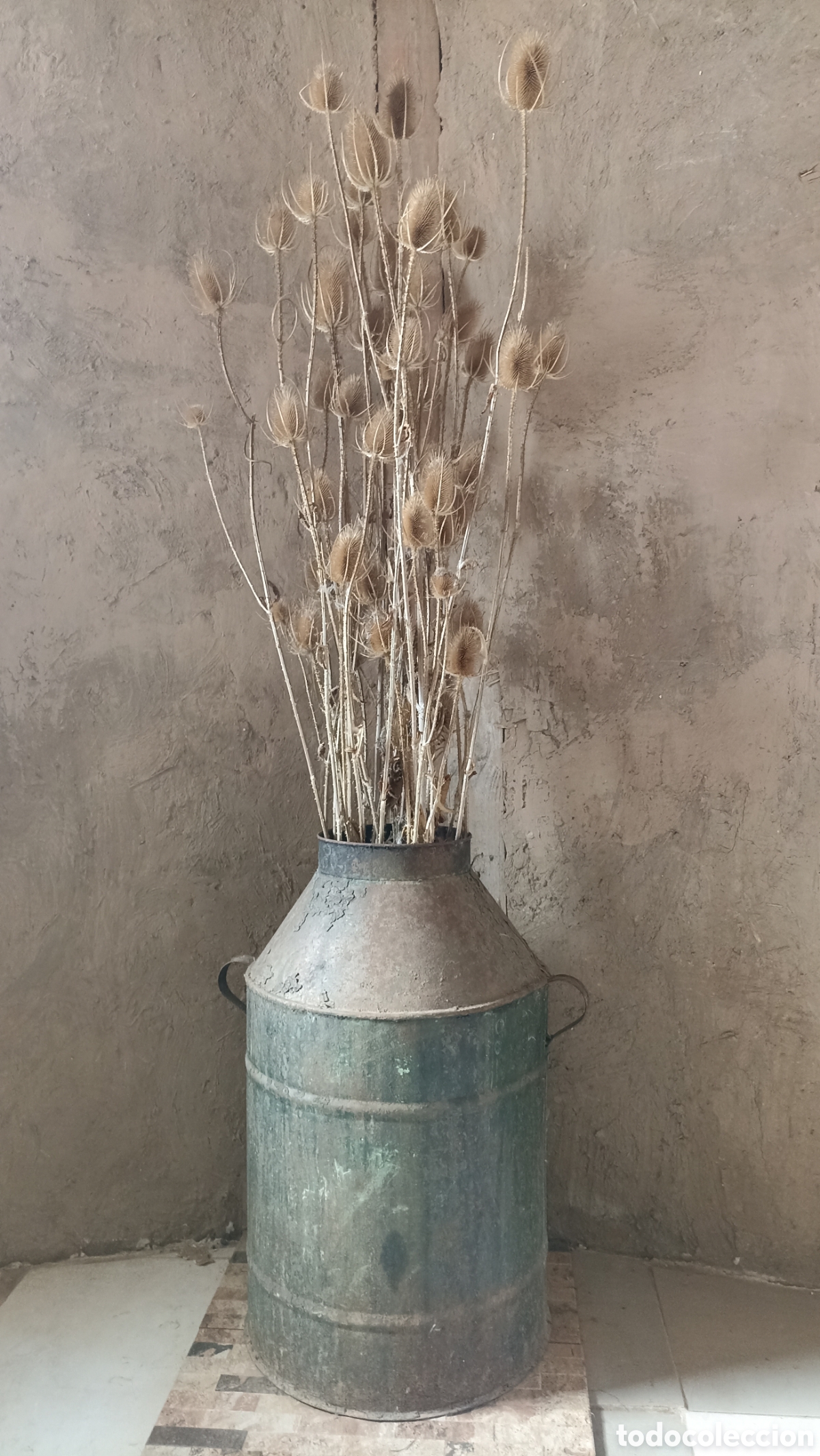 Vintage: Lechera Antigua de Metal con P&aacute;tina Natural + Ramo Conjunto Cardos Secos | Estilo Wabi-Sabi / Indust
