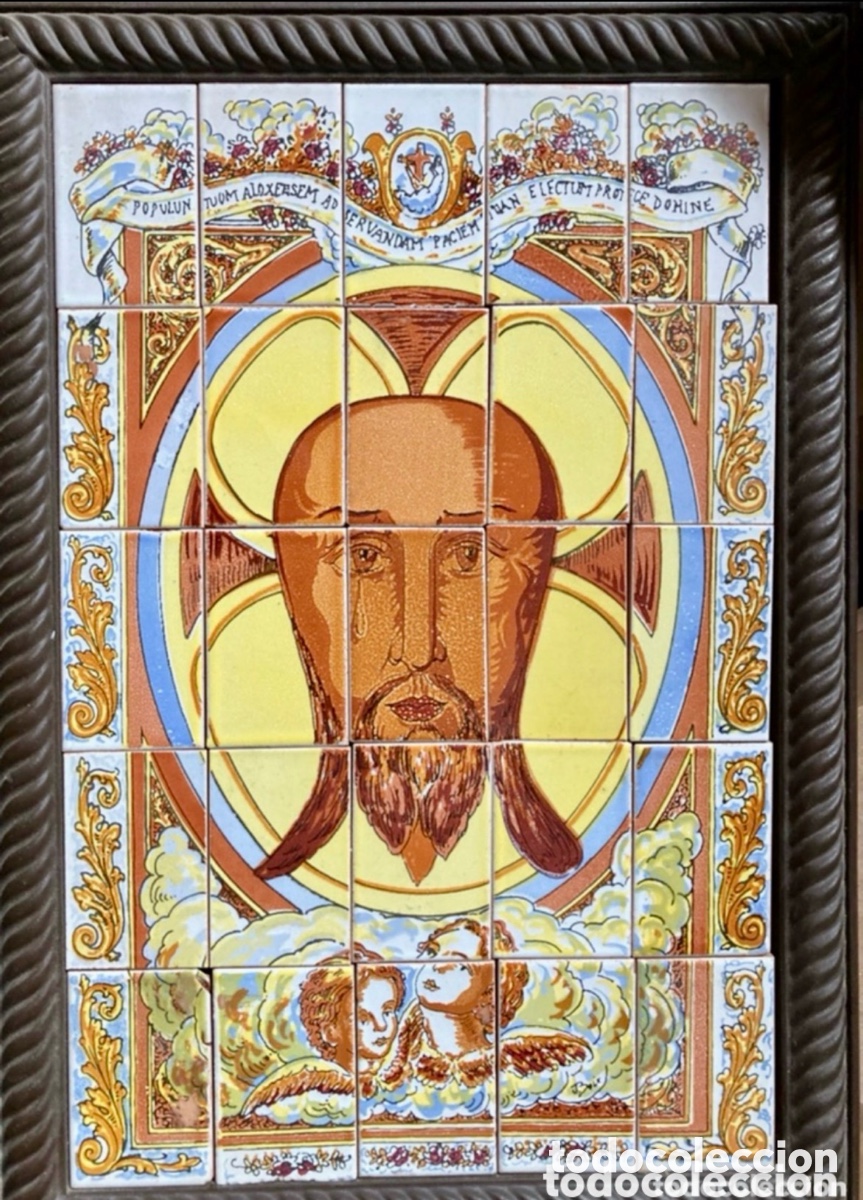 Vintage: Cuadro de &ldquo; Jes&uacute;s con &aacute;ngeles &ldquo;de 25 baldosas en un marco de 33 x 23 cm