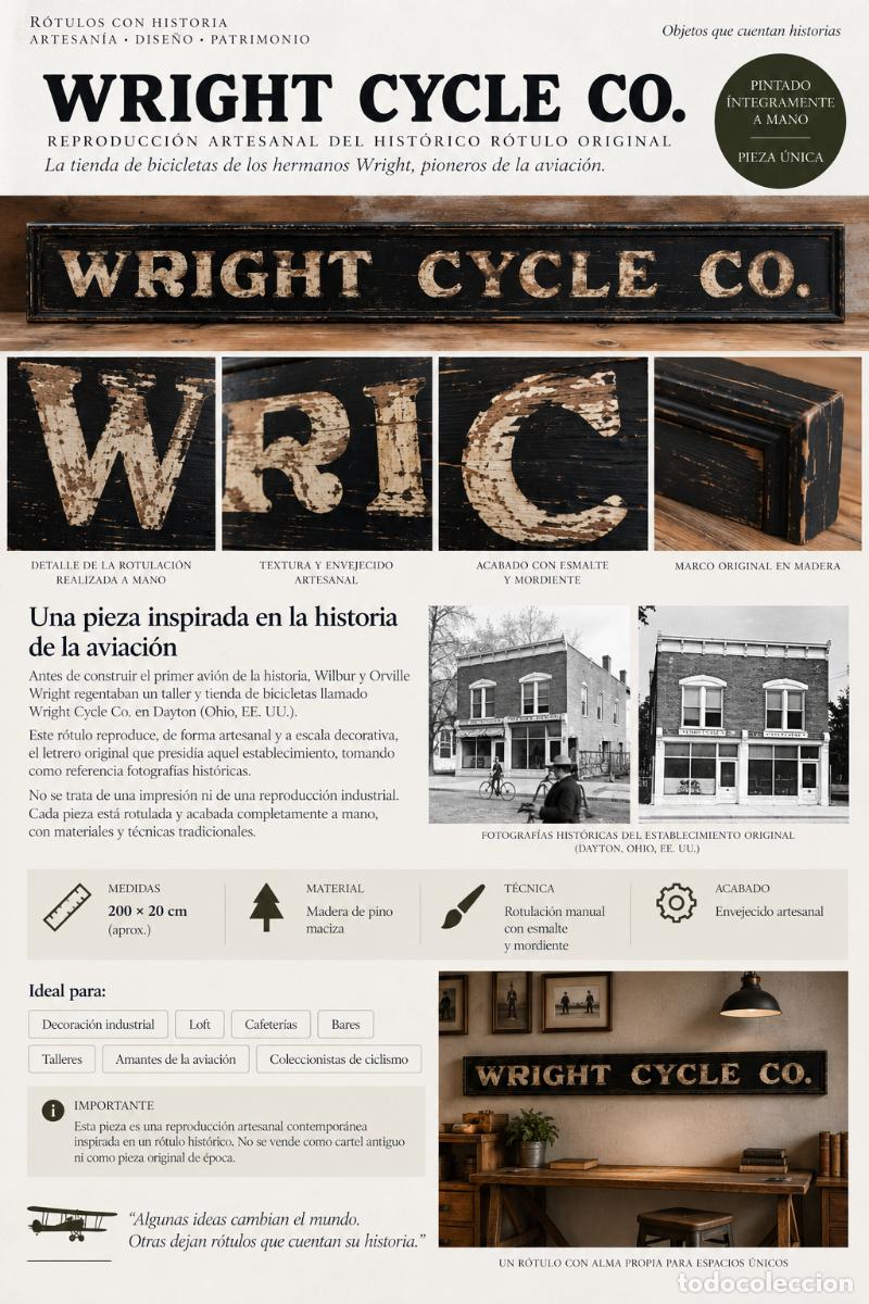 Vintage: Cartel/R&oacute;tulo Wright Cycle Co. artesanal pintado a mano en madera &ndash; Hermanos Wright &ndash; 200 cm