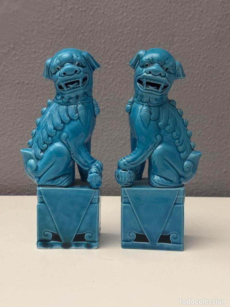 Vintage: Pareja de Perros Foo Chinos Turquesa 20 cm | Leones Guardianes Orientales | Vintage Decoraci&oacute;n