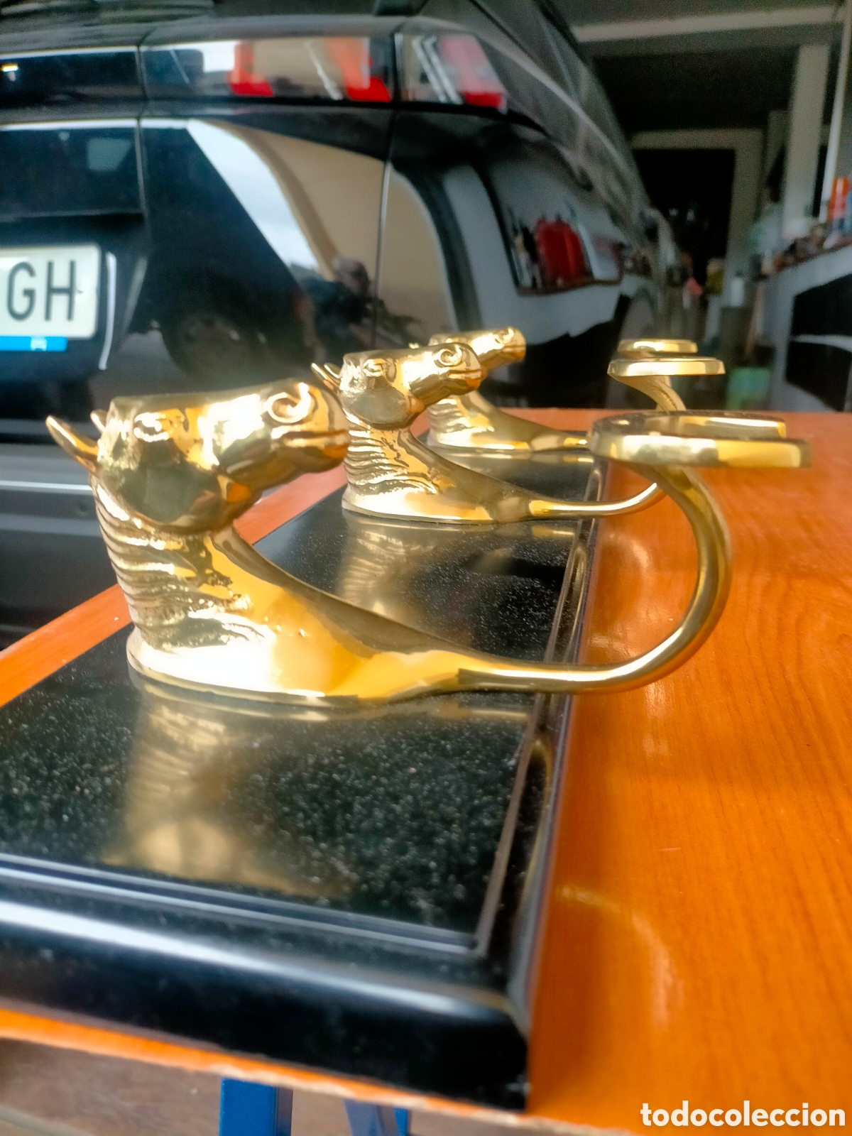 Vintage: PERCHA PERCHERO TEMA ECUESTRE. BRONCE Y MADERA - Foto 4