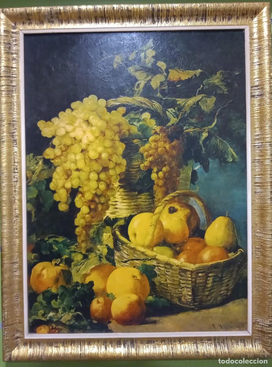 Vintage: CUADRO BODEGON UVAS Y FRUTAS FIRMADO CON MARCO 66X52