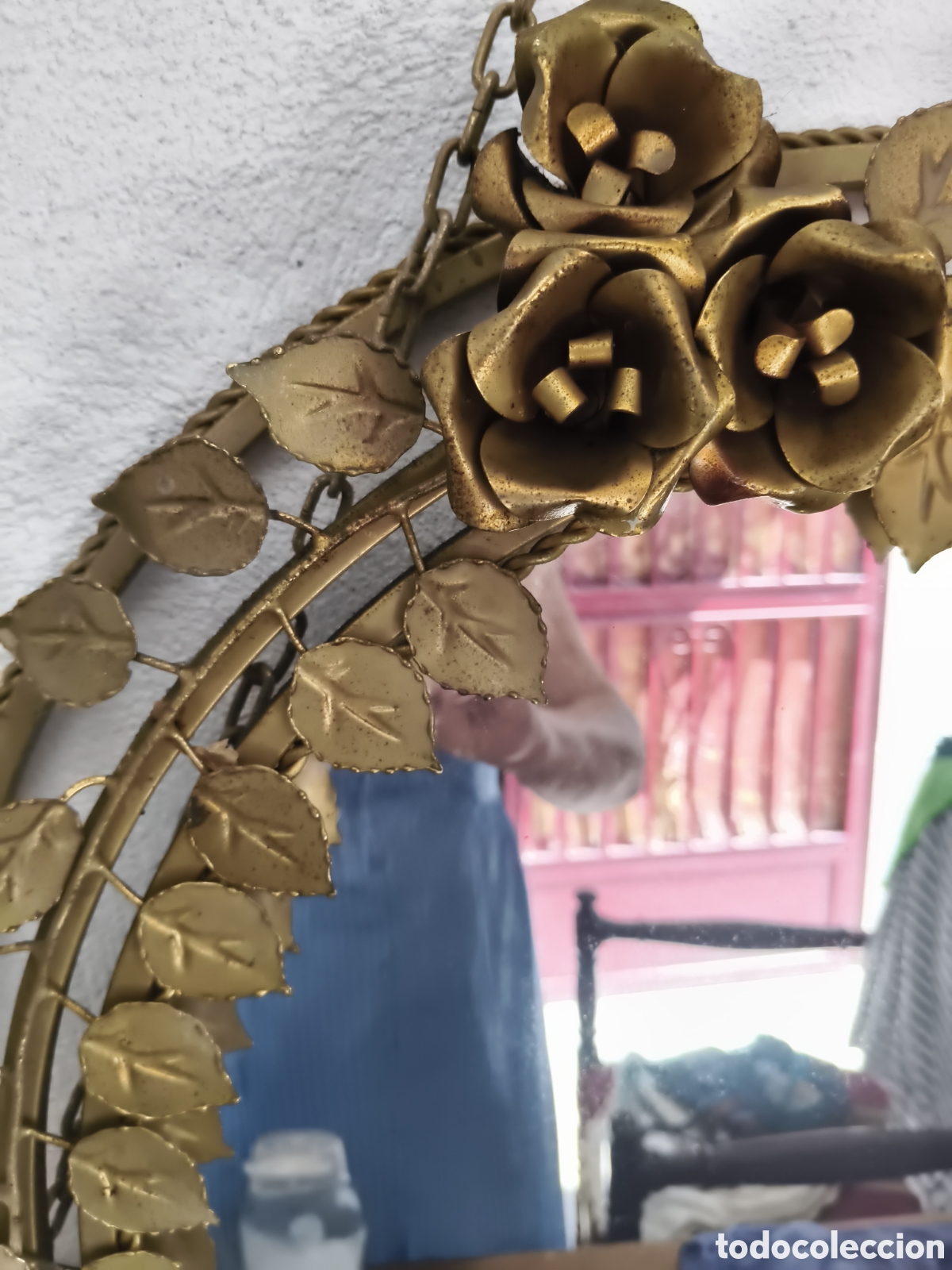 Vintage: Gran ESPEJO LAMPARA TIPO SOL HIERRO EN FORJA FORMANDO ENREDADERA DE ROSAS DORADAS Y CON LUZ 59 CM