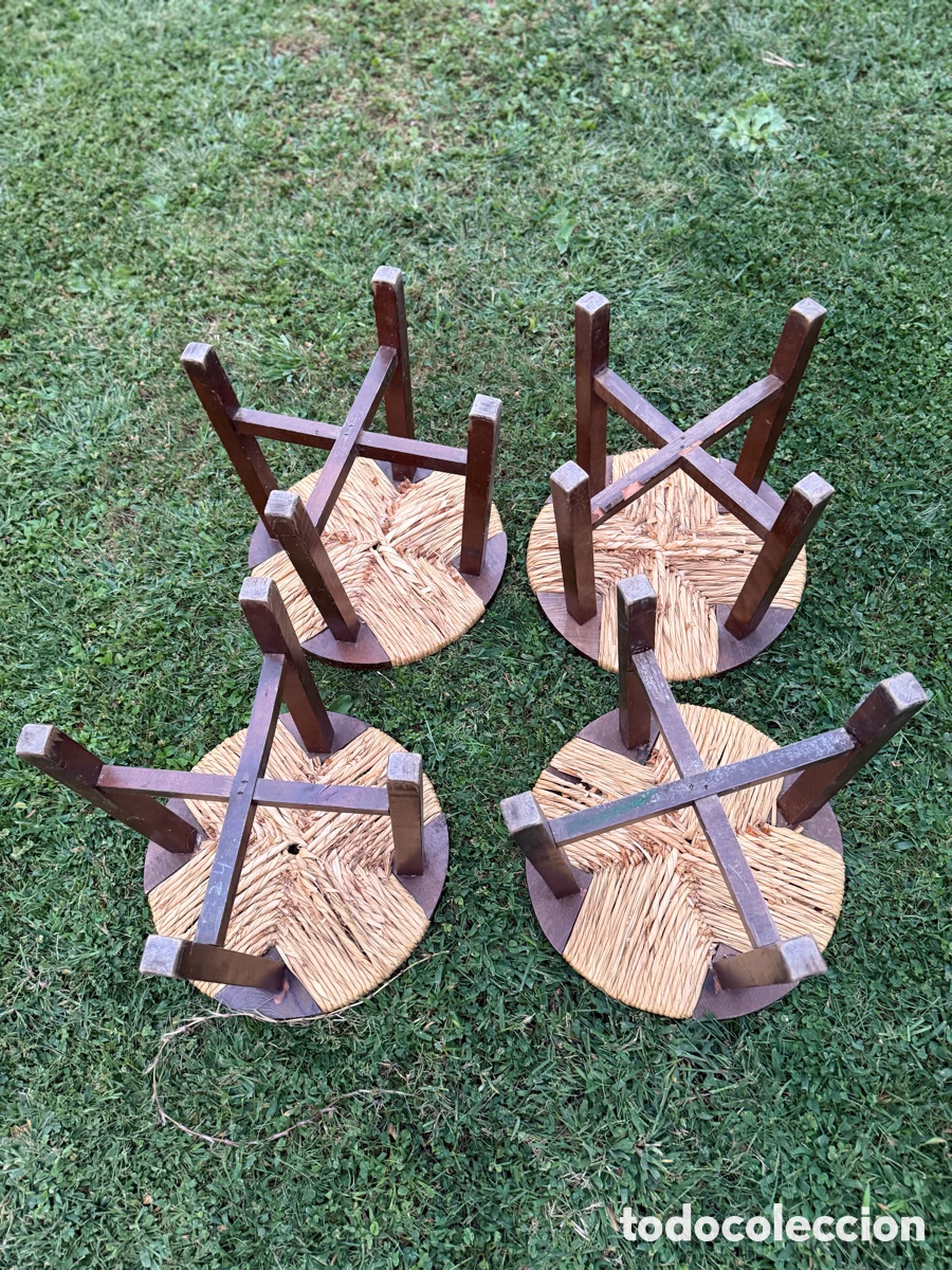 Vintage: Lote de 4 taburetes r&uacute;sticos en madera y cuerda natural - Foto 3