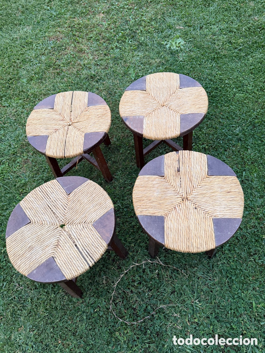 Vintage: Lote de 4 taburetes r&uacute;sticos en madera y cuerda natural