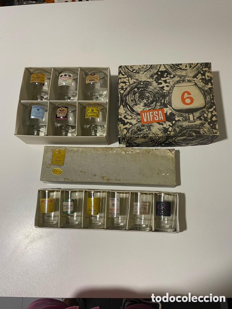Vintage: Lote 2 cajas VIFSA vintage 70s - 6 copas co&ntilde;ac + 6 chupitos Jerez con marcas - NOS
