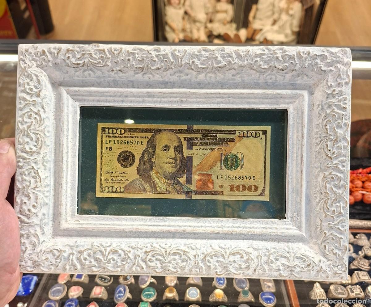 Vintage: Billete de 100 dolares en lamina dorada en marco