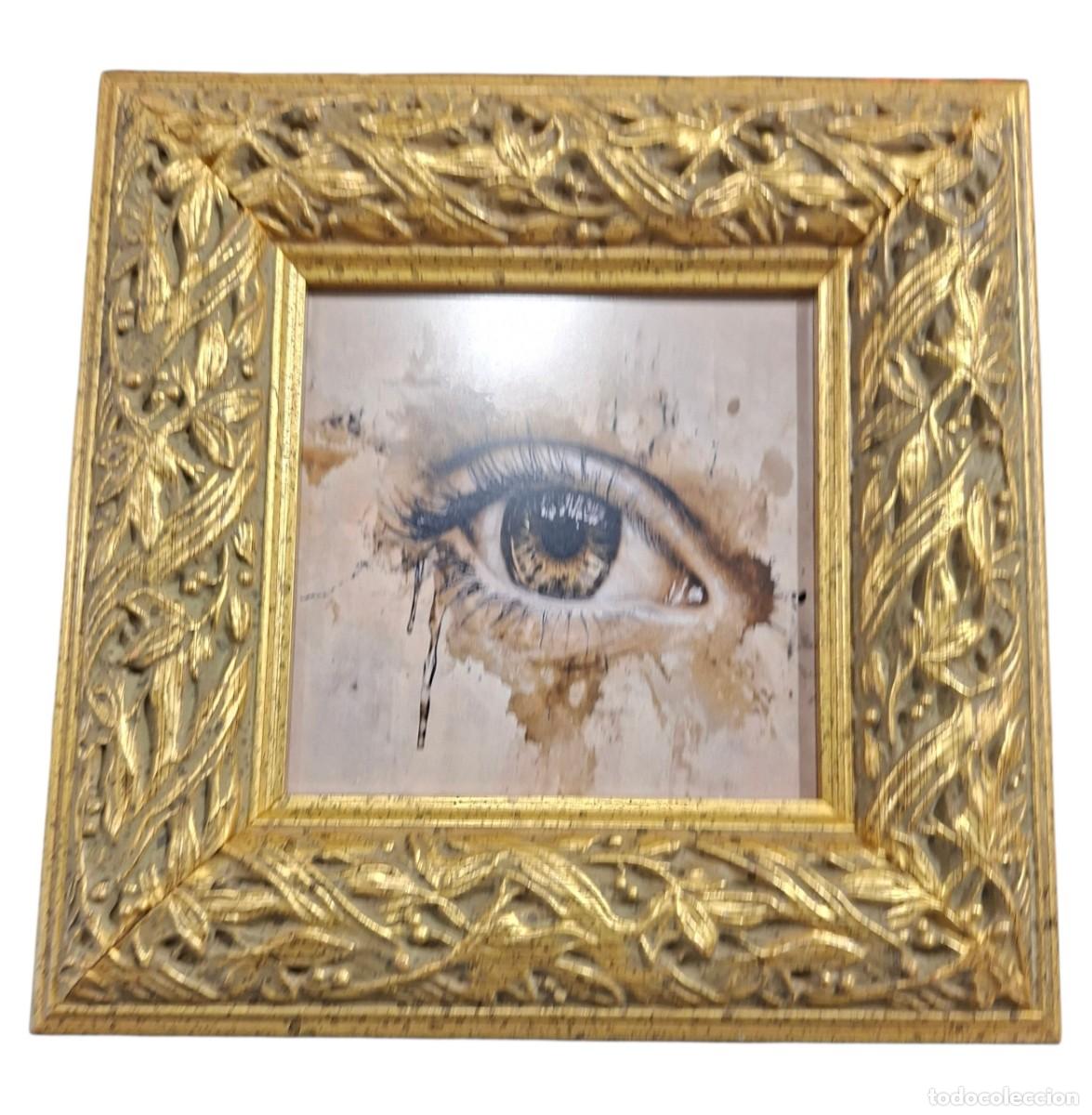 Vintage: Muy decorativa lamina de un ojo llorando en marco dorado