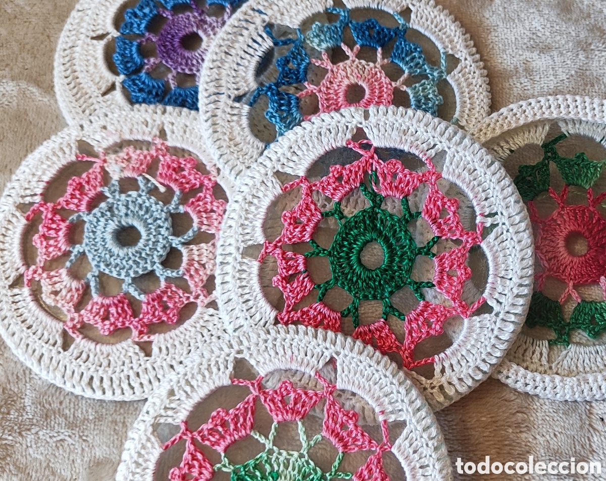 Vintage: Juego de 6 Posavasos Vintage Artesanales en Cristal y Ganchillo Crochet Estilo Cottagecore