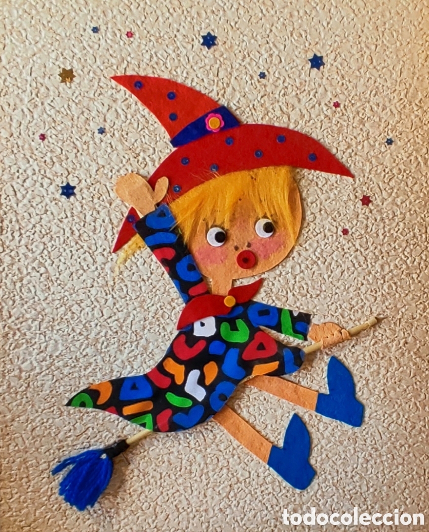 Vintage: Cuadro Textil Vintage A&ntilde;os 70-80 Bruja Volando Collage Na&iacute;f Hecho a Mano