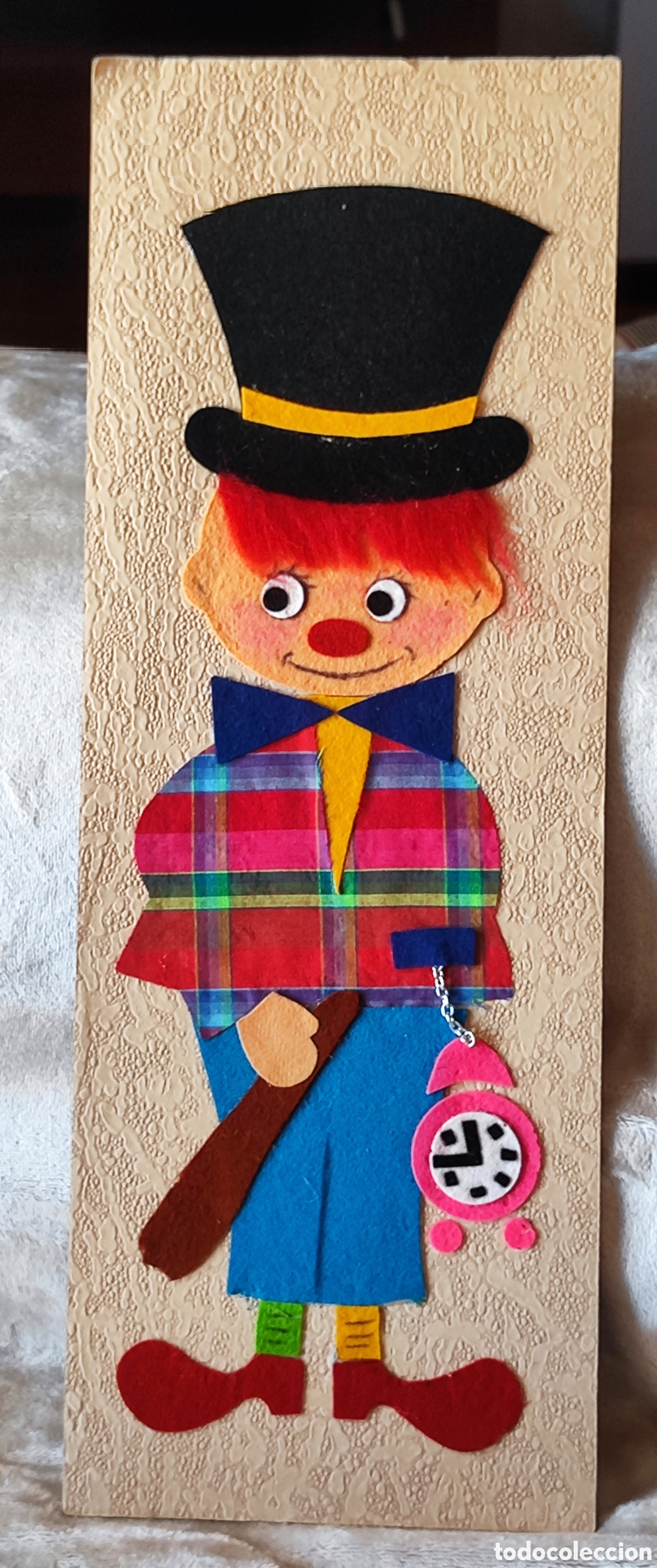 Vintage: ​Cuadro Textil Vintage A&ntilde;os 70-80 Payaso Don Pepino Circo Collage Na&iacute;f Hecho a Mano