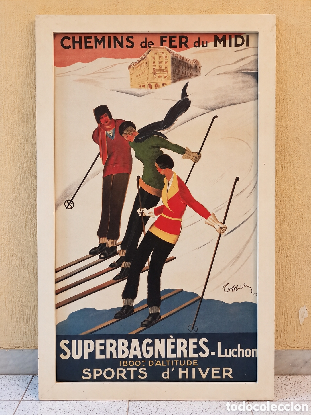 Vintage: Cartel esqu&iacute; Superbagn&egrave;res Luchon &ndash; Chemins de Fer du Midi &ndash; reproducci&oacute;n enmarcada 58 x 97 cm