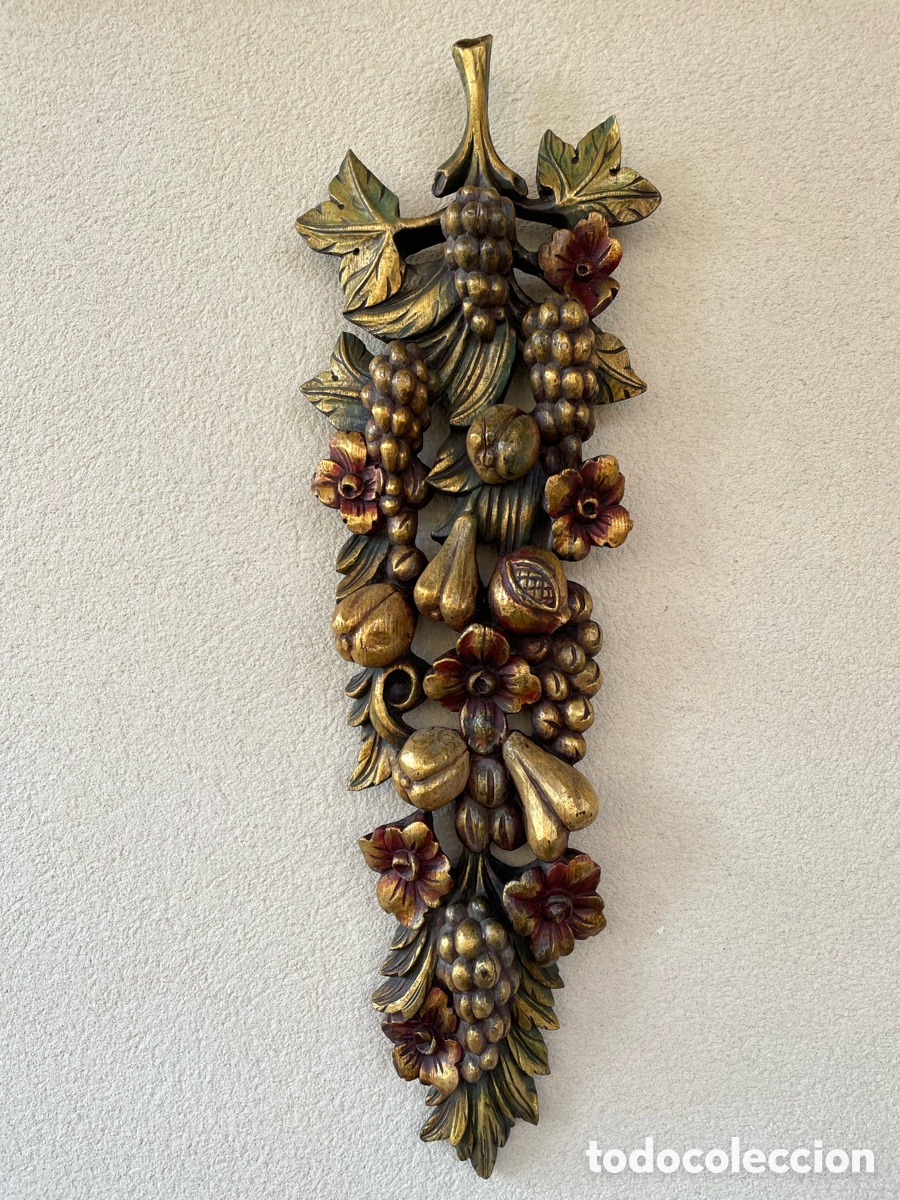 Vintage: Antigua guirnalda de frutas. Adorno en Relieve talla de madera policromada. Vintage original