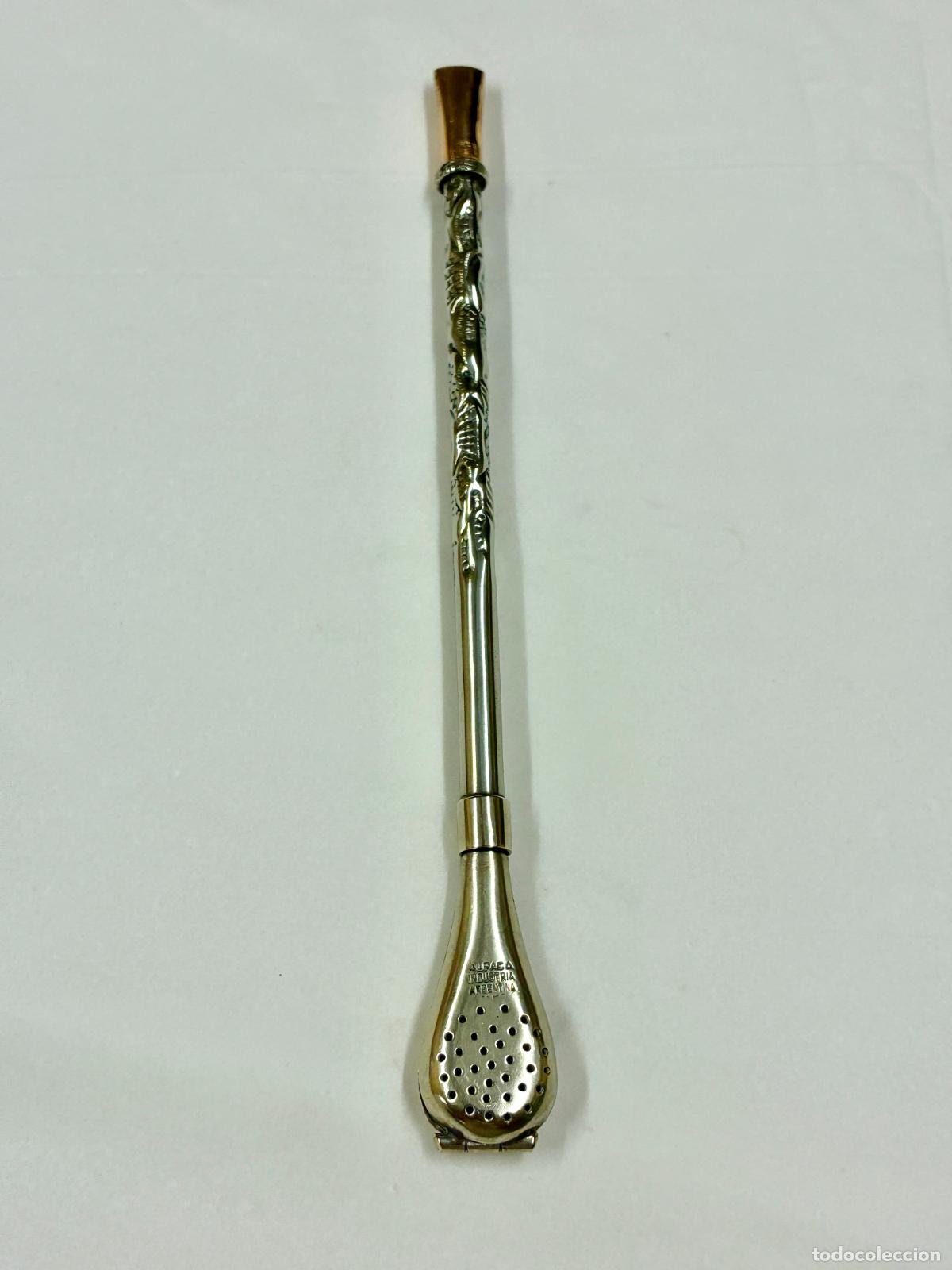 Vintage: Bombilla mate alpaca Industria Argentina, ba&ntilde;o 18k.