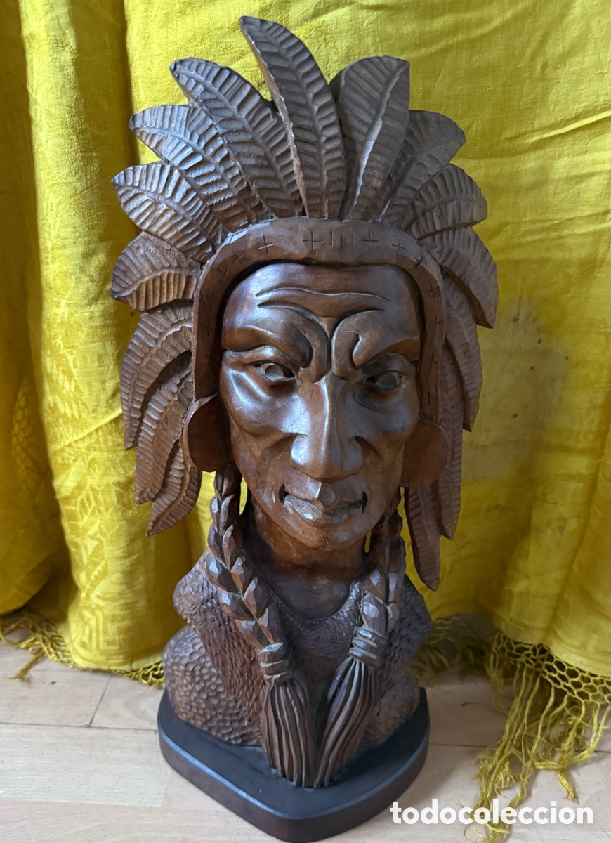 Vintage: Busto jefe nativo americano, tallado en madera
