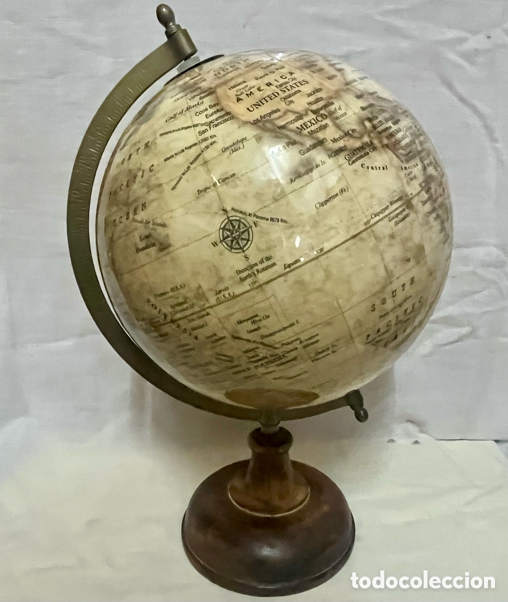 Vintage: GLOBO TERR&Aacute;QUEO BASE DE MADERA Y ARCO DE BRONCE VINTAGE - Foto 7