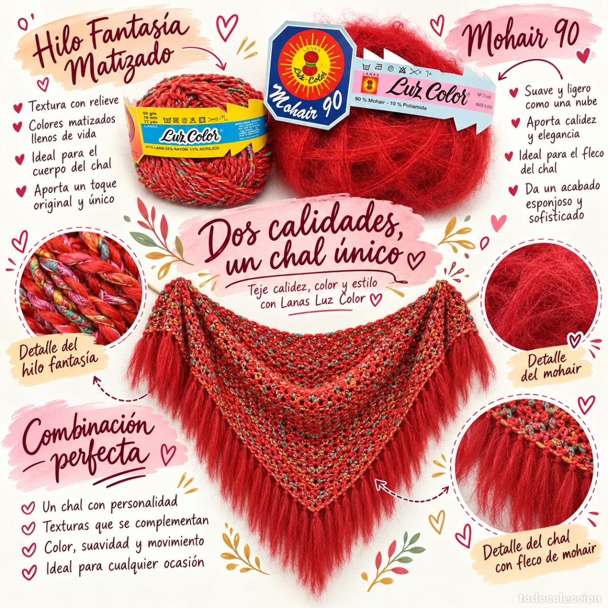 Vintage: Kit de 30 ovillos + agujas. Lote hilo lana fantas&iacute;a.