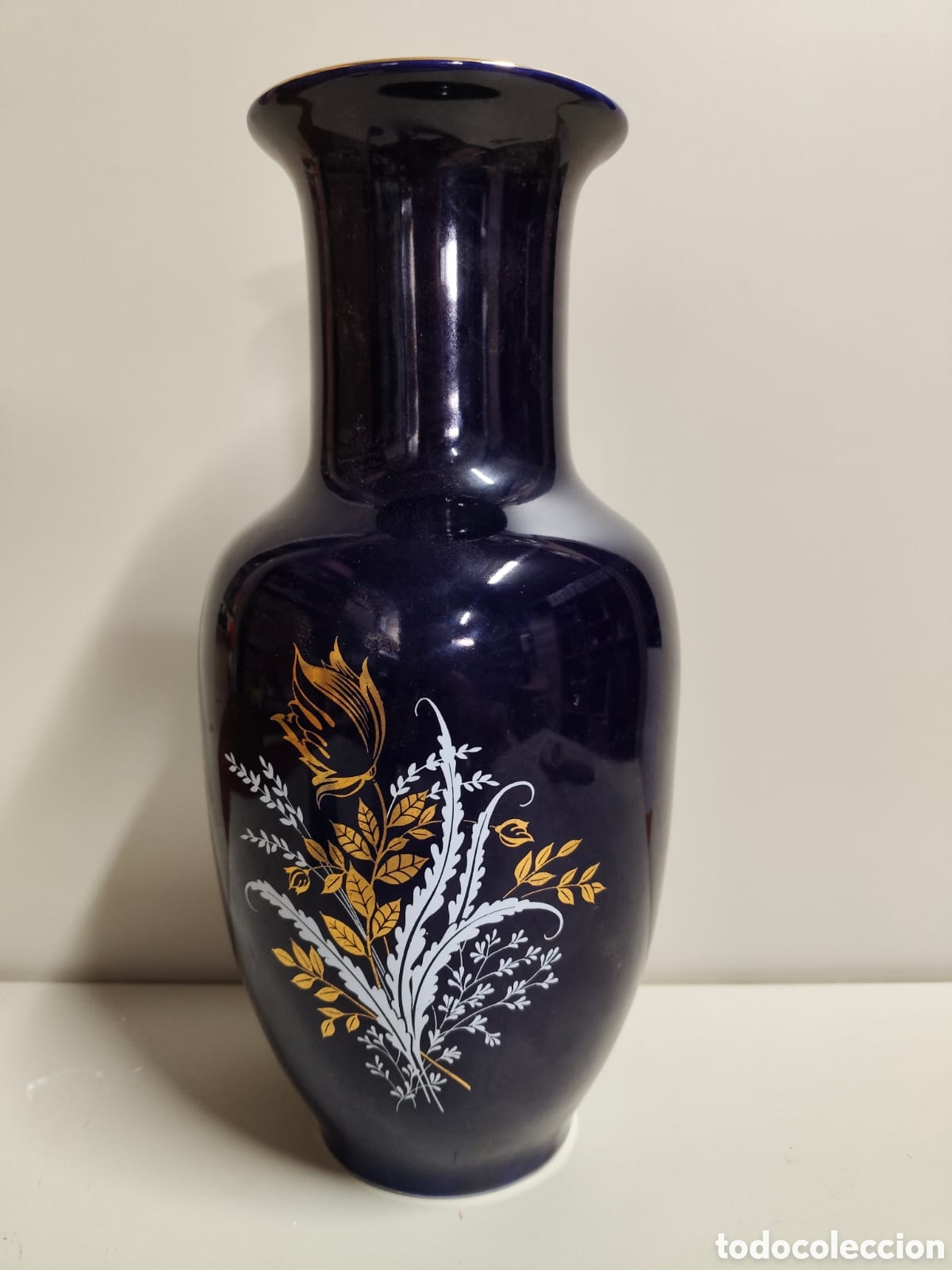 Vintage: Bonito jarr&oacute;n florero de porcelana azul cobalto firmado janbo Espa&ntilde;a