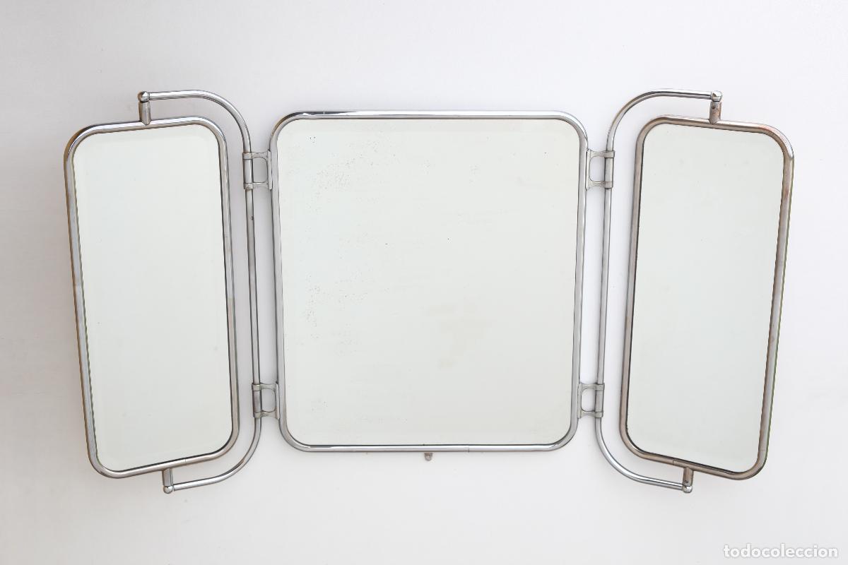 Vintage: Gran espejo barbero triptico plegable tocador vintage pared cromado madera Francia 70's