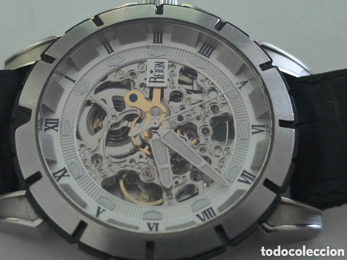 Vintage: reloj reign autom&aacute;tico skeleton 316l 5 atm correa de piel
