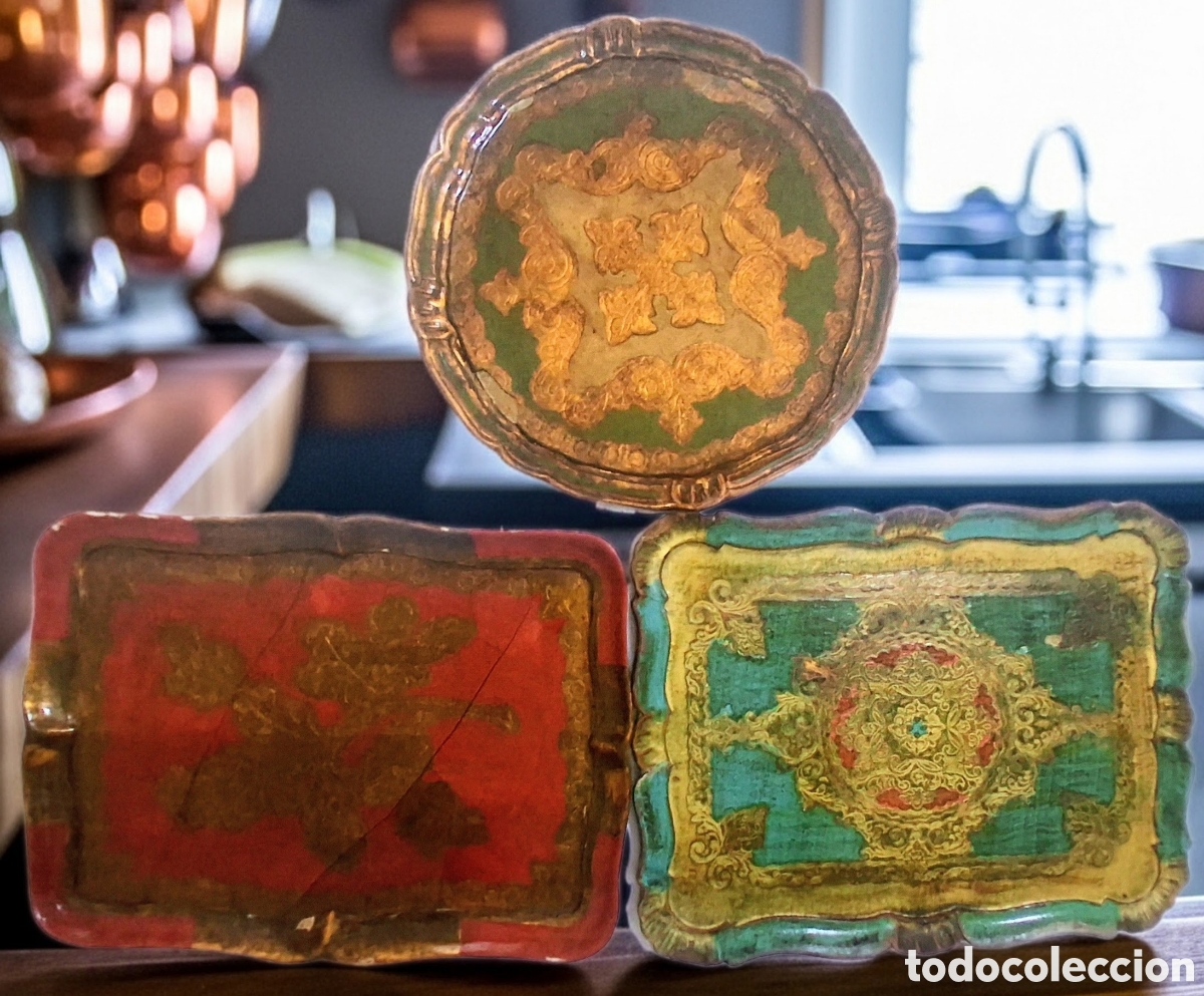 Vintage: Lote de 3 Grandes Bandejas Florentinas de Madera - Vintage A&ntilde;os 50/60 - Italia (Para Restaurar)