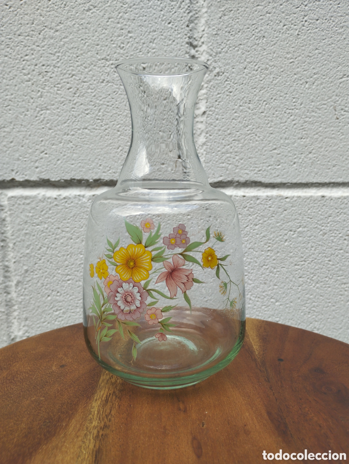 Vintage: Precioso Jarr&oacute;n / Frasca de Cristal Vintage con Decoraci&oacute;n Floral - A&ntilde;os 80 / 90 Estilo Cottagecor