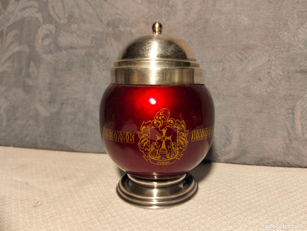 Vintage: Urna bote frasco rojo granate plateado metal decoraciones en plata de ley recuerdo Oviedo a&ntilde;os 70