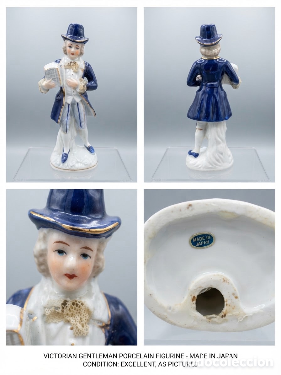 Vintage: Figura de Porcelana Vintage de Caballero en Azul Cobalto y Oro - Hecho en Jap&oacute;n