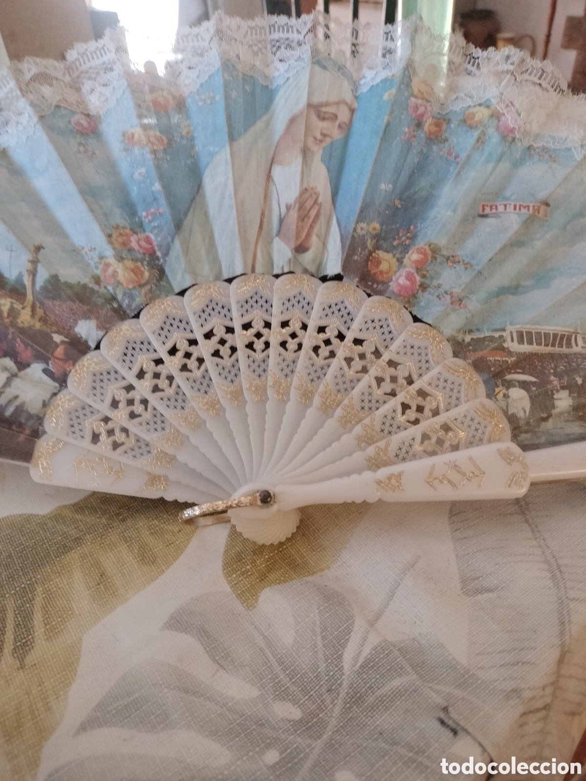 Vintage: Abanico religioso virgen de fatima blanco y azul en buen estado