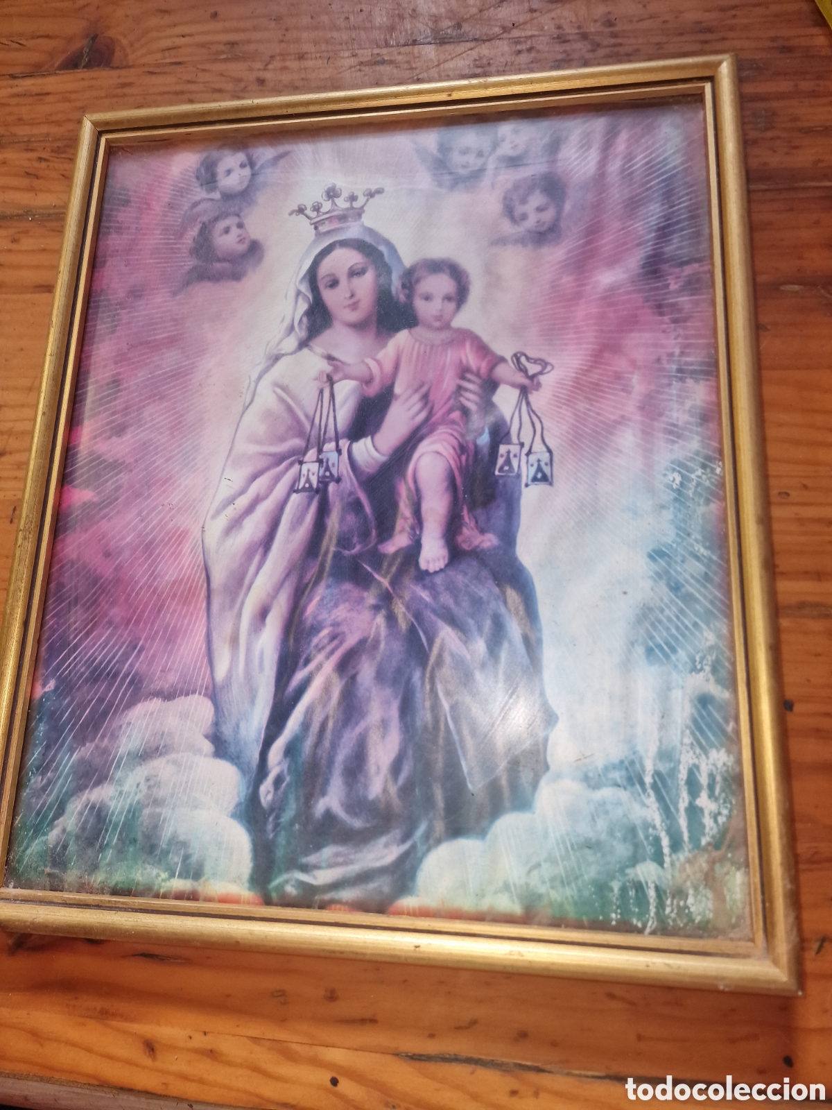 Vintage: Viejo cuadro l&aacute;mina religioso de una virgen,medida 37x31cm,ver fotos,vintage a&ntilde;os 60-70