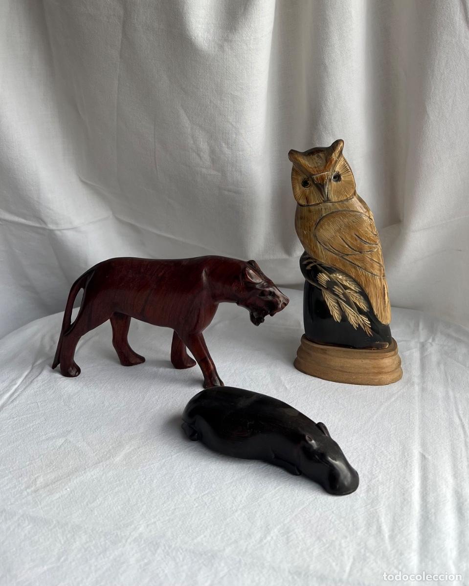 Vintage: Lote 3 Tallados Vintage: B&uacute;ho en Cuerno de Toro, Hipop&oacute;tamo en &Eacute;bano y Felino en Madera Noble