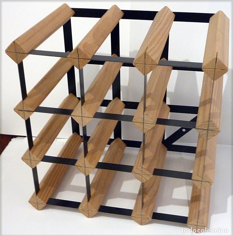 Vintage: BOTELLERO EN MADERA Y METAL - PARA 12 BOTELLAS - MEDIDAS: 32,5 x 22,5 x 32,5 CM. - NUEVO