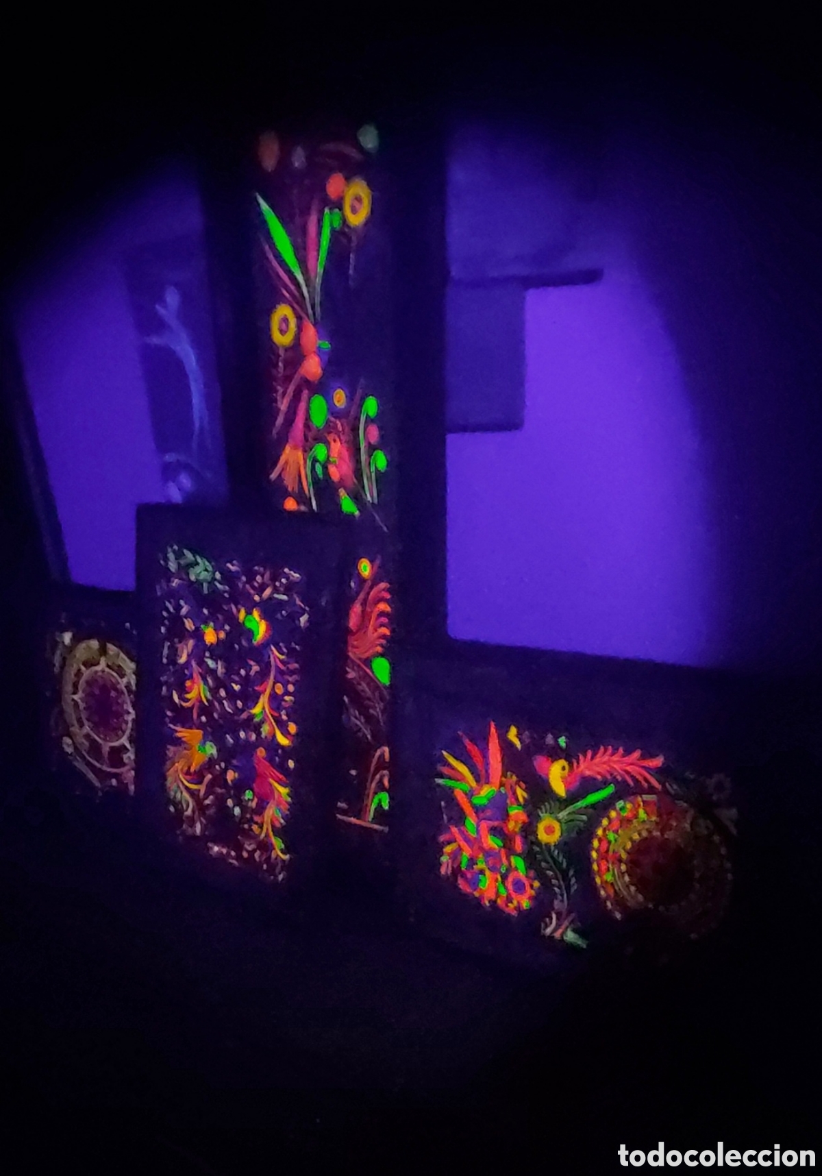 Vintage: Colecci&oacute;n 4 Cuadros Ne&oacute;n Psicod&eacute;licos Amate Arte Azteca UV
