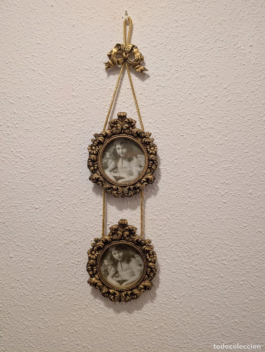 Vintage: Marco doble barroco dorado colgante con lazo, portarretratos de pared estilo vintage
