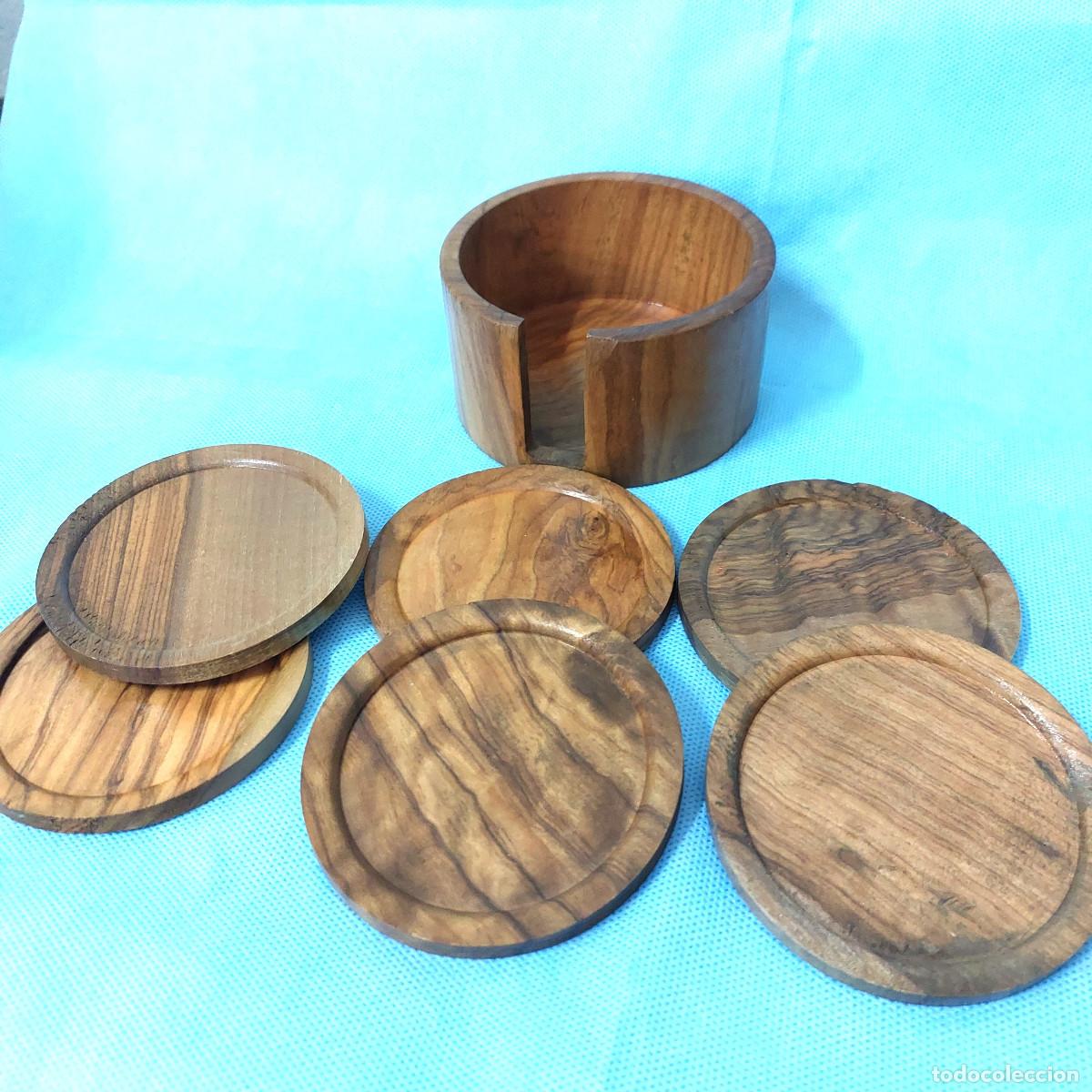 Vintage: Juego de 6 posavasos de madera de olivo natural con soporte