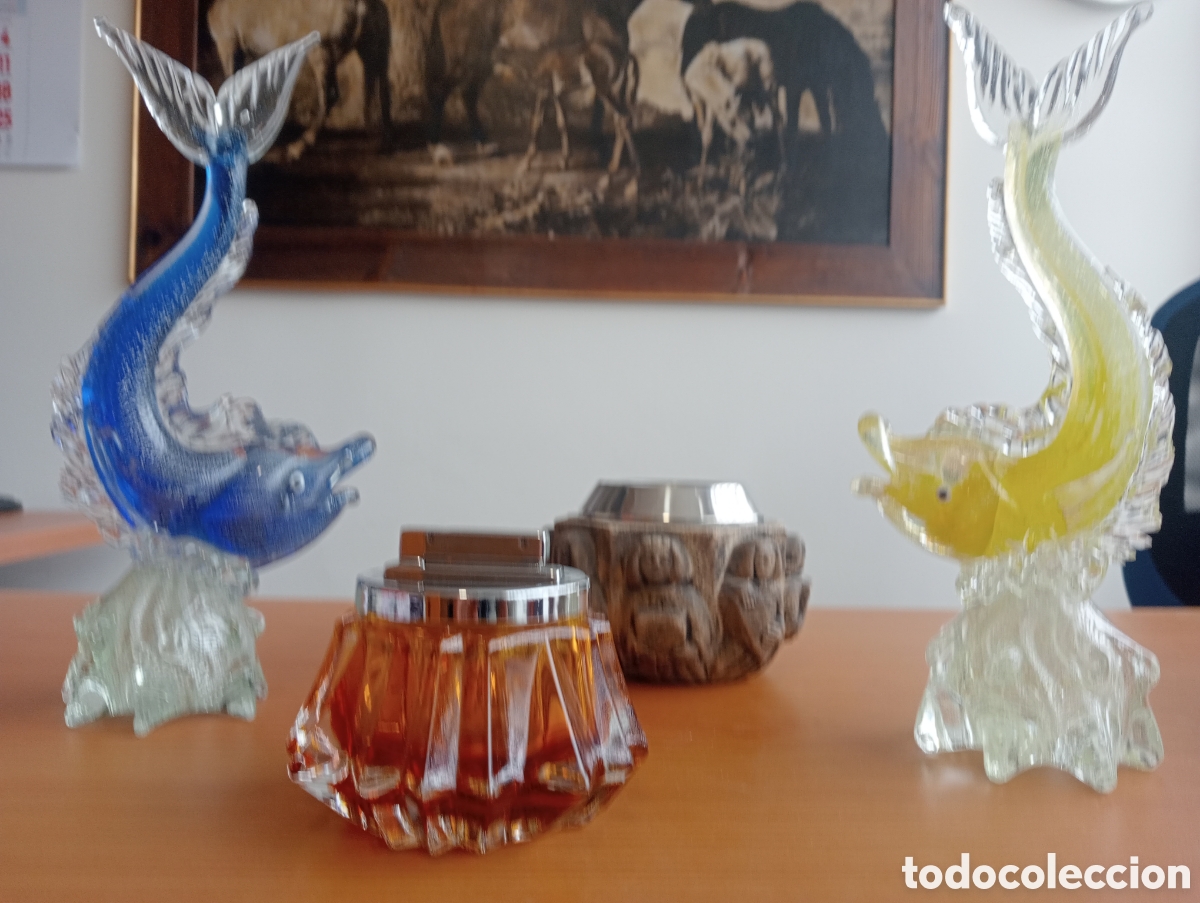 Vintage: Lote decoraci&oacute;n vintage, 2 peces cristal, un cenicero piedra y un encendedor