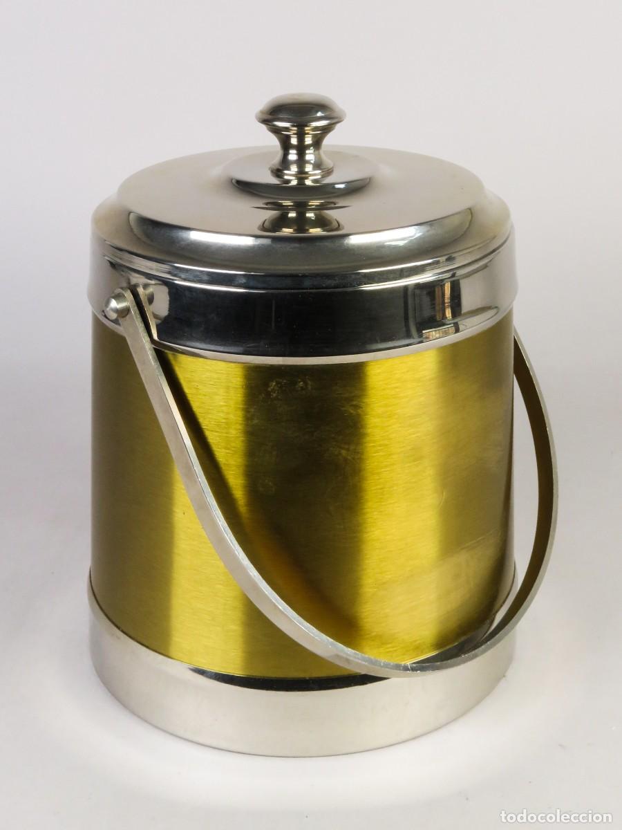 Vintage: Hielera cubitera de metal cromado y dorado con asa a&ntilde;os 80
