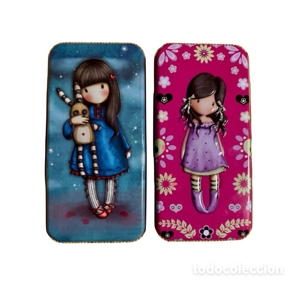 Vintage: Gorjuss, Santoro London. 2 viejos plumieres met&aacute;licos con figuras de mu&ntilde;ecas de la tapa en relieve.