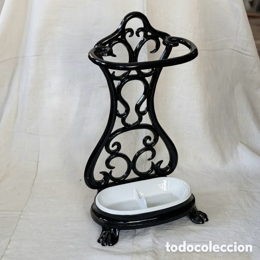 Vintage: Parag&uuml;ero hierro esmaltado con bandeja antigoteo. Art nouveau. Comedero bebedero gatos.