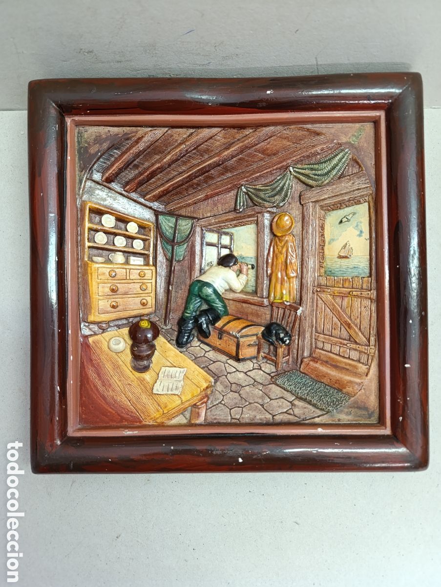 Vintage: CUADRO MOTIVO COSTERO, PESCADOR, EN ESCAYOLA, EN RELIEVE.