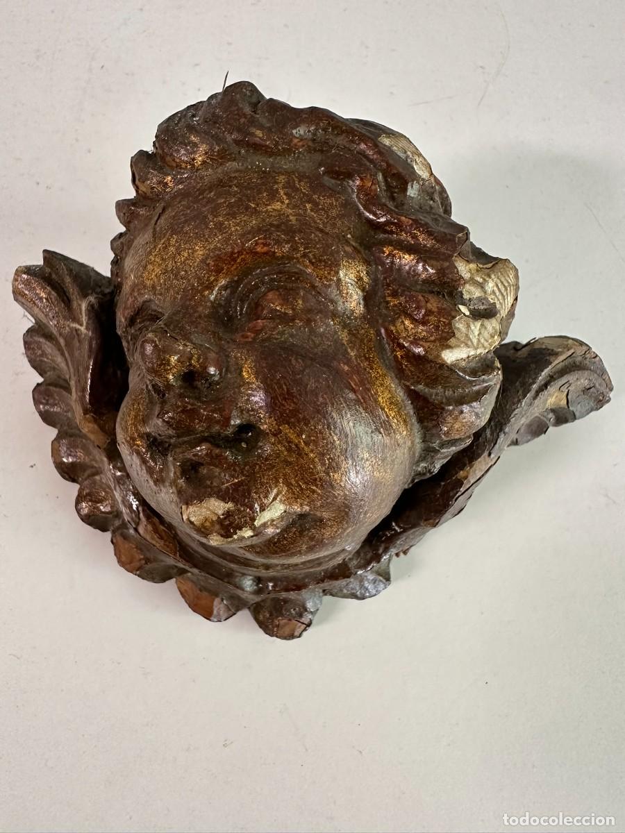 Vintage: Escultura cabeza &aacute;ngel de madera tallada 10,5 cm x 14 cm