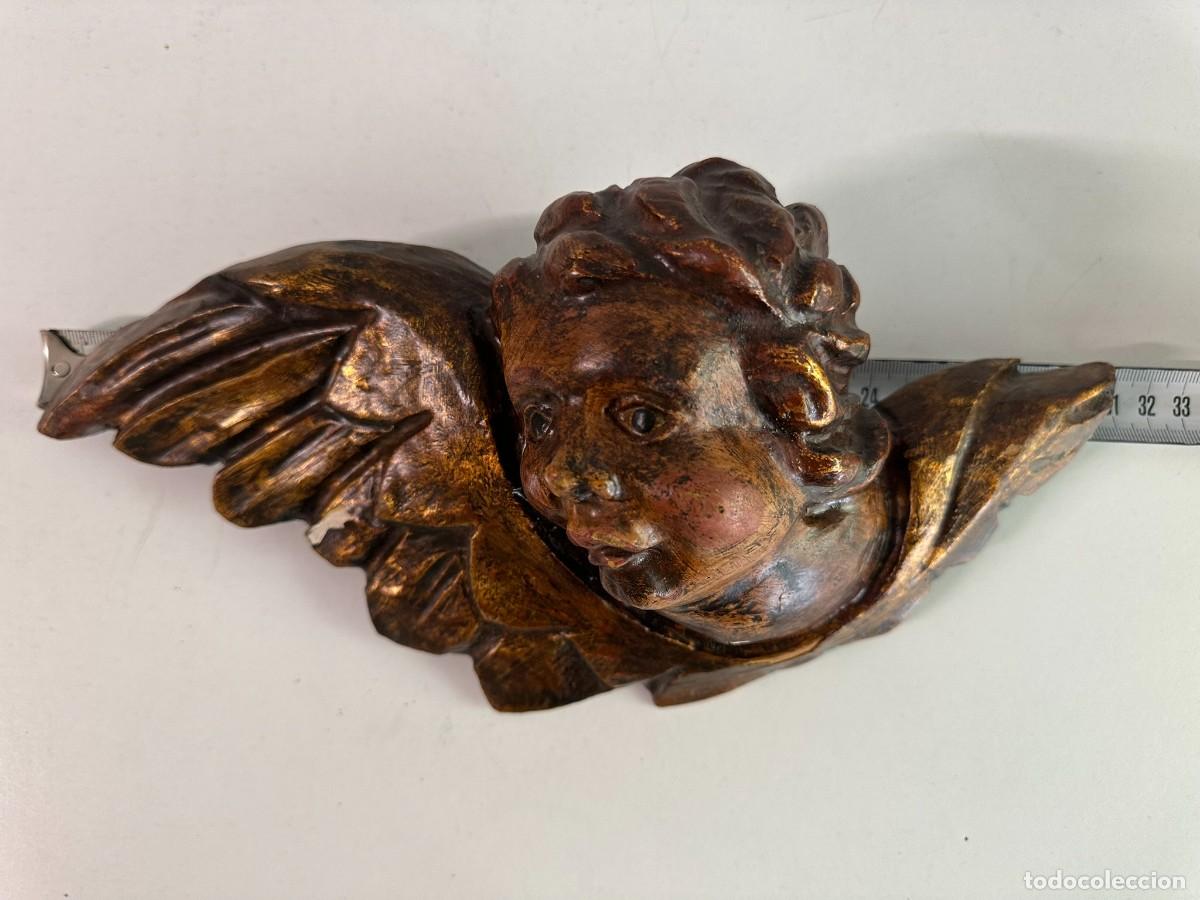 Vintage: Escultura cabeza &aacute;ngel de madera tallada 15 x 30 cm