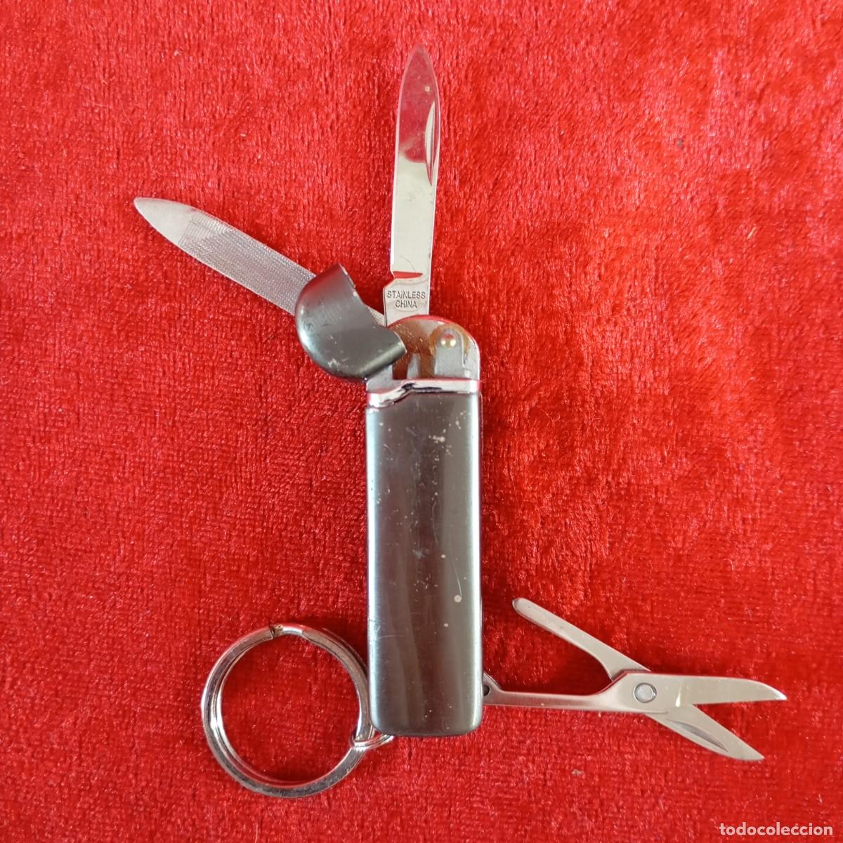 Vintage: ENCENDEDOR DE LLAVERO MULTIUSOS VINTAGE - CARCASA DE METAL DE ACERO INOXIDABLE - 1,9 X 6 CM