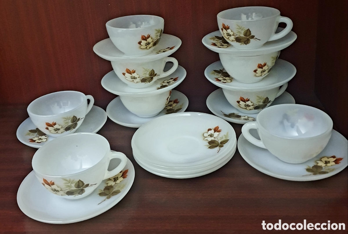 Vintage: LOTE DE 9TAZAS DE CAF&Eacute; + 12 PLATOS, ARCOPAL flor de almendro