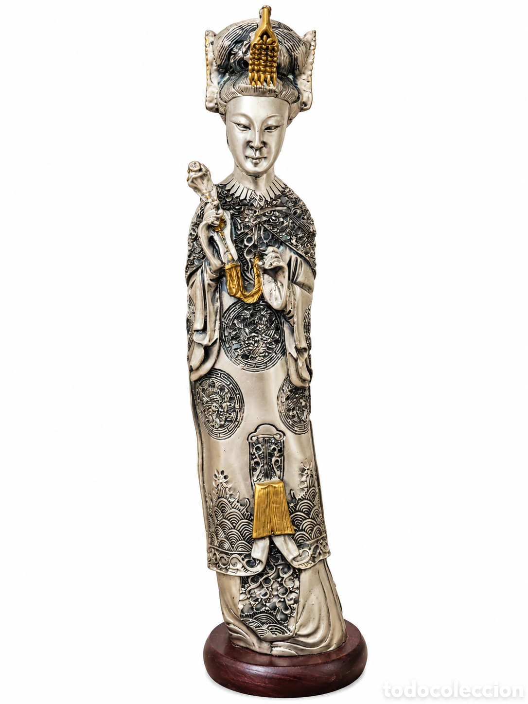 Vintage: figura oriental leonardo argenti chapada en plata con base de madera
